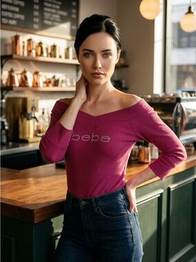bebe Raspberry Off-Shoulder Rhinestone Logo Top